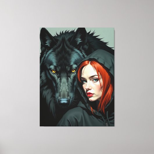 Little Red Riding Hood Redhead and the Black Wolf Canvas Afdruk (Voorkant)