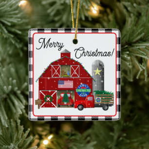 Little Red Truck Kerstboom Boerderij en schuur Keramisch Ornament