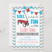 Little Red Wagon Boy's 1st Birthday Grey chevron Kaart (Voorkant)