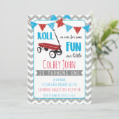 Little Red Wagon Boy's 1st Birthday Grey chevron Kaart (Staand voorkant)