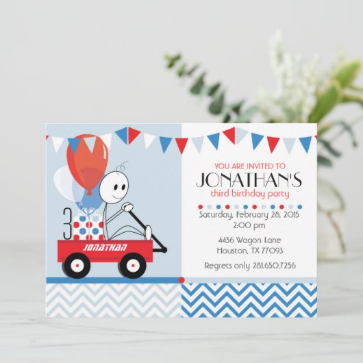 Little Red Wagon Cartoon Party Invitation Kaart (Staand voorkant)