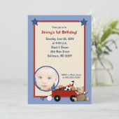 Little Red Wagon Teddy Bear Photo Invitation Kaart (Staand voorkant)