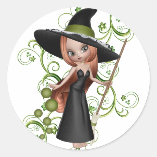 Little Redhaire Witch met Green Vines Design Ronde Sticker (Voorkant)
