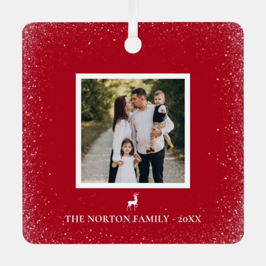 Little Reindeer Simple Snowflakes foto ROOD Metalen Ornament (Voorkant)