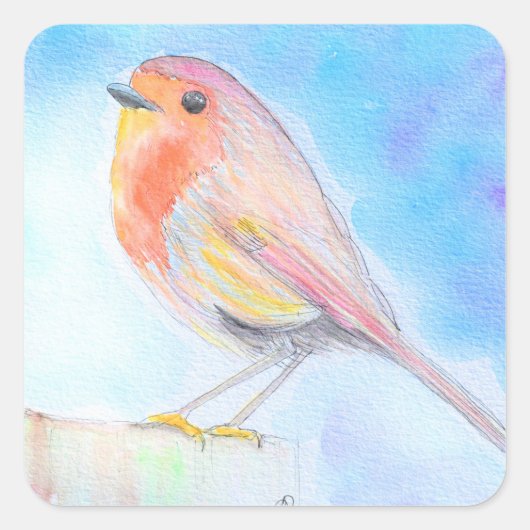 Little Robin Waterverf Painting Vierkante Sticker (Voorkant)