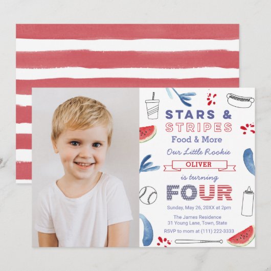 Little Rookie Baseball 4th Birthday Party Afbeeldi Kaart (Voorkant / Achterkant)