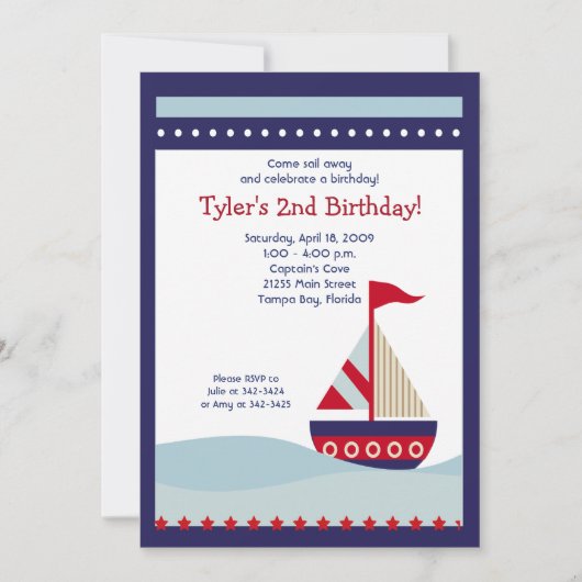 Little Sailboat Navy Boat Nautical Birthday 5x7 Kaart (Voorkant)