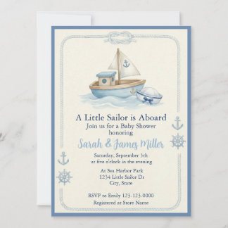 Little Sailor Aboard Blue Baby Shower Invitation Kaart