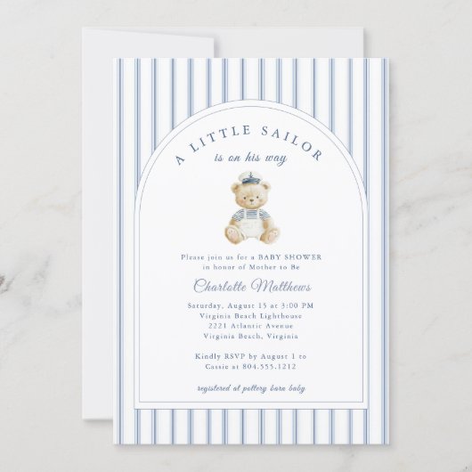 Little Sailor Bear Kust Baby Shower Uitnodiging (Voorkant)