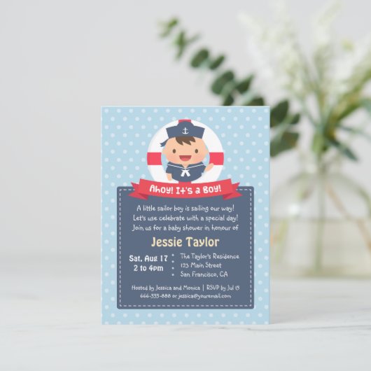 Little Sailor Boy Nautical Baby Shower Uitnodiging (Staand voorkant)