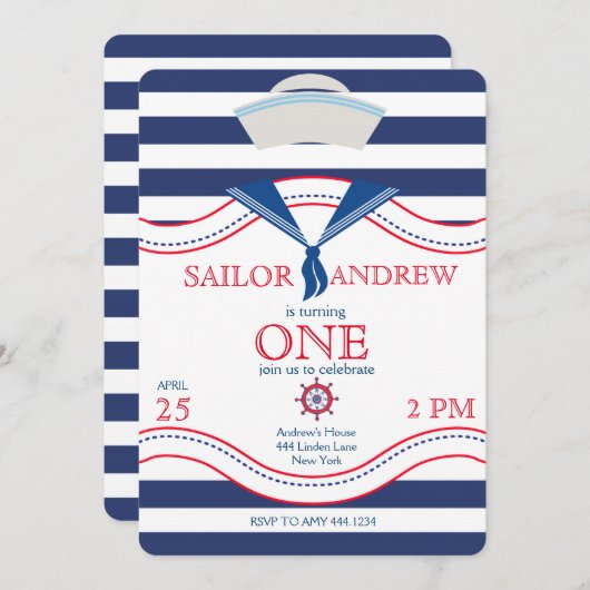 Little Sailor eerste verjaardag uitnodigingen (Voorkant / Achterkant)