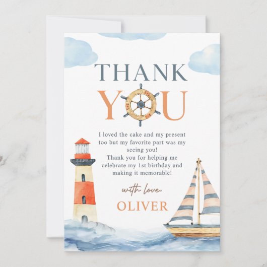 Little Sailor Nautical Blue Pastel 1st Birthday Bedankkaart (Voorkant)