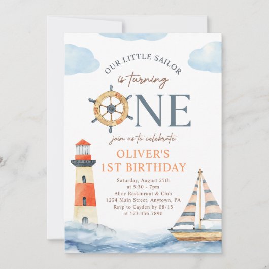 Little Sailor Nautical Blue Pastel 1st Birthday Kaart (Voorkant)