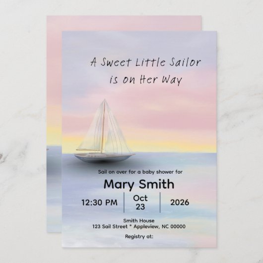 Little Sailor on Her Way Baby shower Invite Kaart (Voorkant / Achterkant)