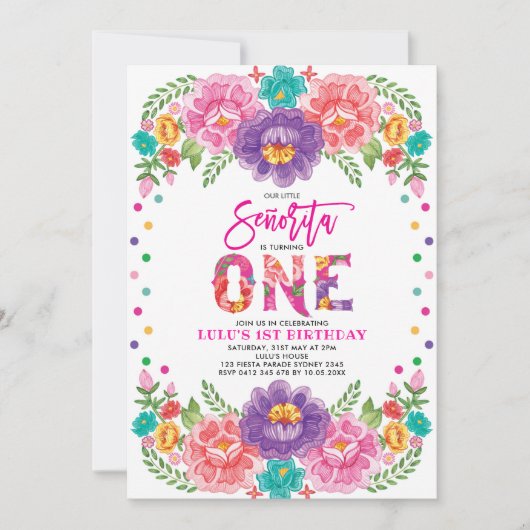 Little Senorita Mexican Fiesta Floral 1st Birthday Kaart (Voorkant)