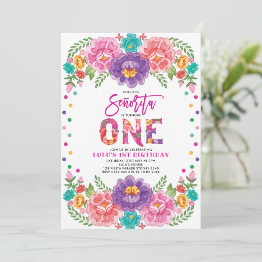 Little Senorita Mexican Fiesta Floral 1st Birthday Kaart (Staand voorkant)