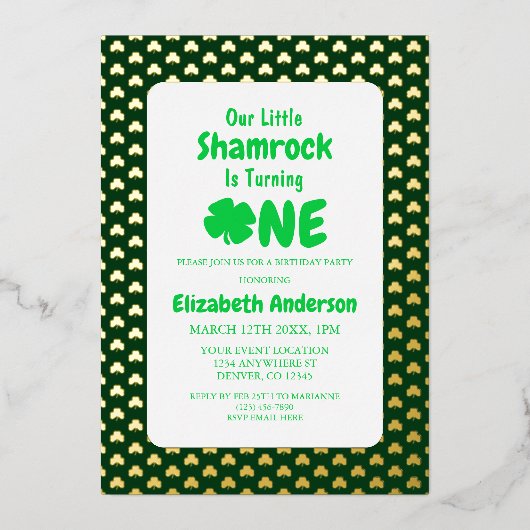 Little Shamrock 1st Birthday Folie Uitnodiging (Voorkant)