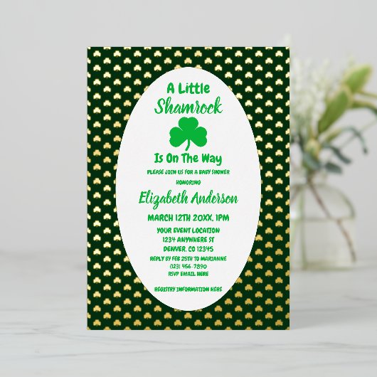 Little Shamrock St Patrick's Day Baby shower Folie Uitnodiging (Staand Voorkant)