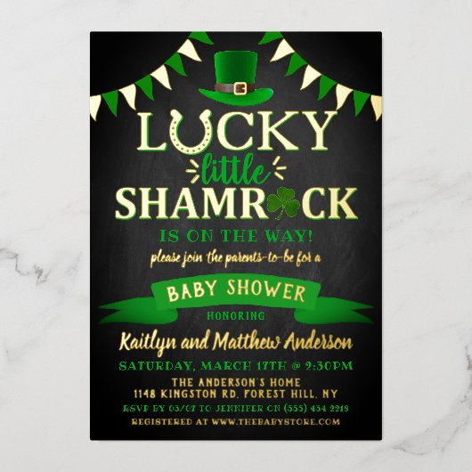 Little Shamrock St. Patrick's Day Baby shower Real Folie Uitnodiging (Voorkant)