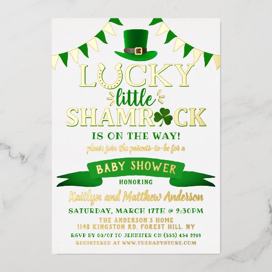 Little Shamrock St. Patrick's Day Baby shower Real Folie Uitnodiging (Voorkant)