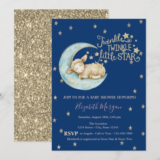 Little Sheep, Moon, Glitter Twinkle Star Baby show Kaart (Voorkant / Achterkant)