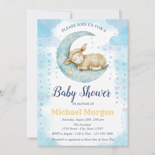 Little Sheep Moon Hearts Blauw Baby shower Kaart (Voorkant)