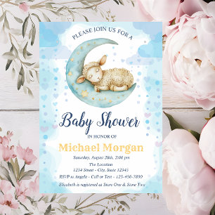 Little Sheep Moon Hearts Blue Baby Shower Kaart