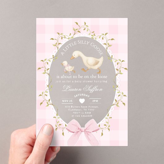 Little Silly Goose Baby Shower Pink Gingham Acryl Uitnodigingen (Insitu (Draagbaar))