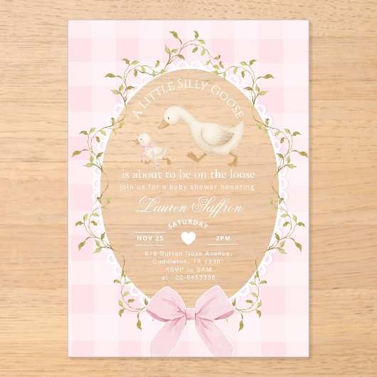 Little Silly Goose Baby Shower Pink Gingham Acryl Uitnodigingen (Voorkant)
