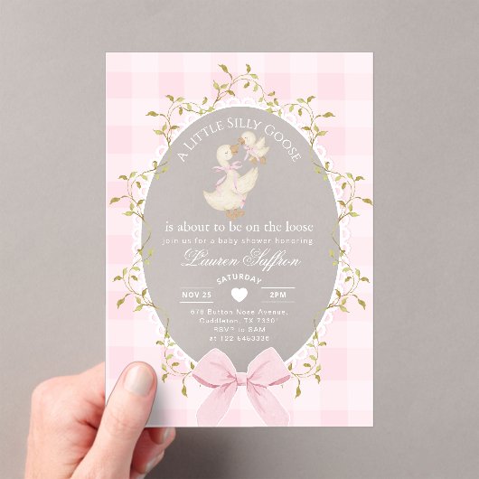 Little Silly Goose Baby Shower Pink Gingham Acryl Uitnodigingen (Insitu (Draagbaar))