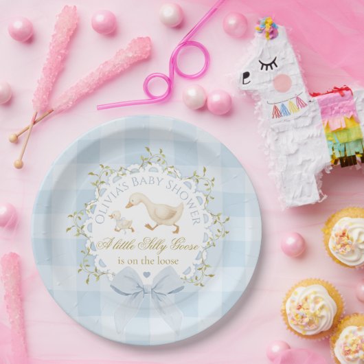 Little Silly Goose Blue Gingham Baby Shower Papieren Bordje (Feest)