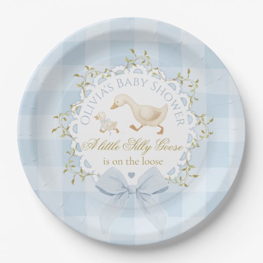 Little Silly Goose Blue Gingham Baby Shower Papieren Bordje (Voorkant)
