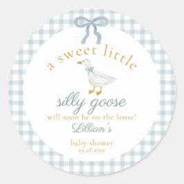Little Silly Goose Bow Baby Shower Blue Gingham  Ronde Sticker