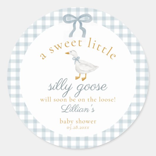 Little Silly Goose Bow Baby Shower Blue Gingham  Ronde Sticker (Voorkant)