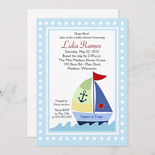 Little Skipper Sailboat 5x7 Baby shower Invitation Kaart (Voorkant / Achterkant)