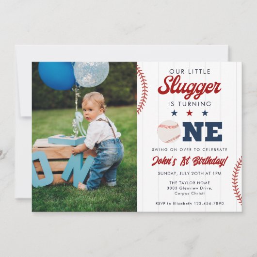 Little Slugger Baseball 1st Birthday Photo Kaart (Voorkant)