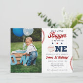 Little Slugger Baseball 1st Birthday Photo Kaart (Staand voorkant)