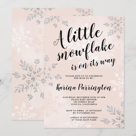 Little snewflake Silver Roze script baby shower Kaart (Voorkant / Achterkant)