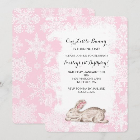 Little Snow Bunny Winter Verjaardagsfeestje Uitnod Kaart (Voorkant / Achterkant)
