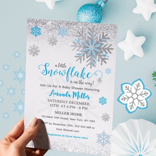 Little Snow Flake Blue Silver Glittery Baby Shower Kaart
