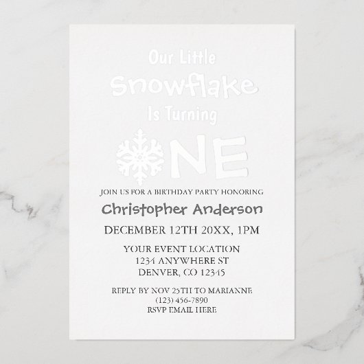 Little Snowflake 1st Birthday Folie Uitnodiging (Voorkant)