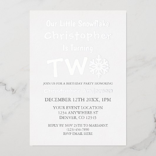 Little Snowflake 2e verjaardag Folie Uitnodiging (Voorkant)