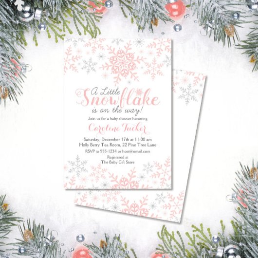 Little Snowflake Baby shower Invite in Roze Zilver Kaart