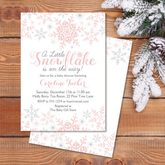 Little Snowflake Baby shower Invite in Roze Zilver Kaart