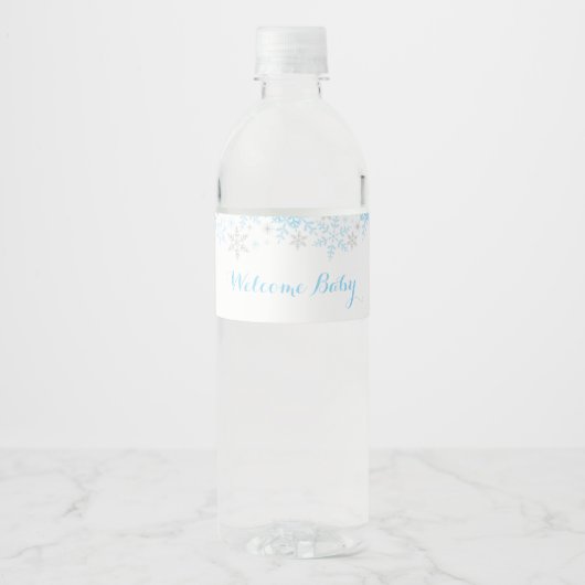 Little Snowflake Baby shower waterlabel, blauw Waterfles Etiket (Voorkant)