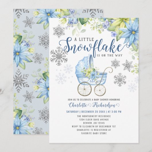 Little Snowflake Blue Floral Winter Baby shower Kaart (Voorkant / Achterkant)