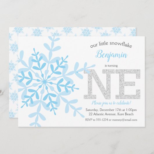 Little Snowflake Blue Silver Glitter 1st Birthday Kaart (Voorkant / Achterkant)