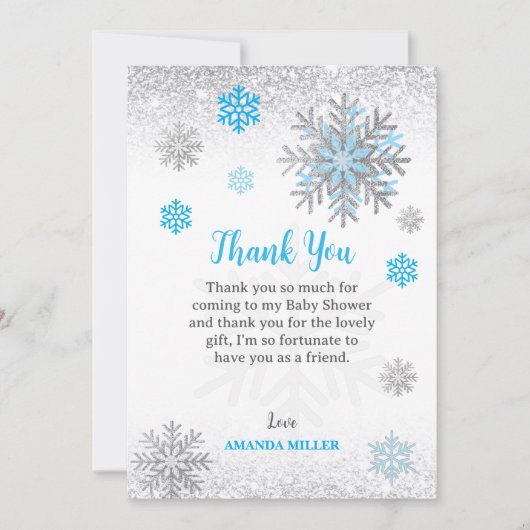 Little Snowflake Blue Silver Glittery Baby Shower  Bedankkaart (Voorkant)