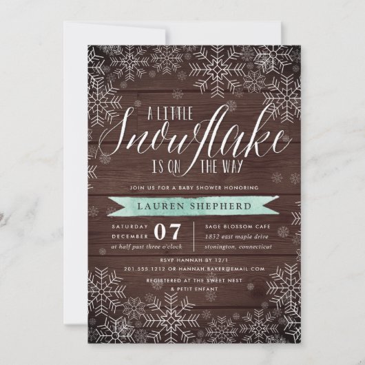 Little Snowflake Mint Rustic Wood Baby shower Kaart (Voorkant)