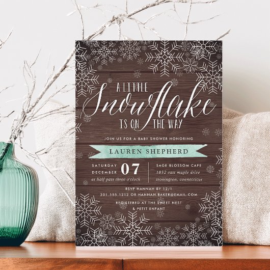 Little Snowflake Mint Rustic Wood Baby shower Kaart